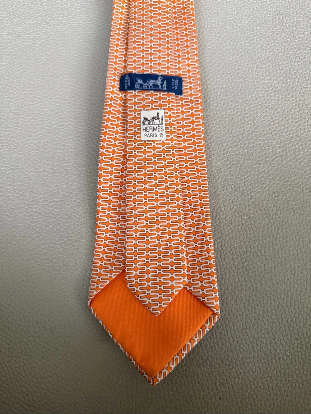 Hermes Orange and White Link-Pattern Silk Tie